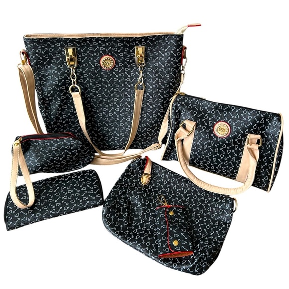 Chic Black and Tan 6 piece Vegan Leather Handbag Set NWOT - Picture 1 of 16